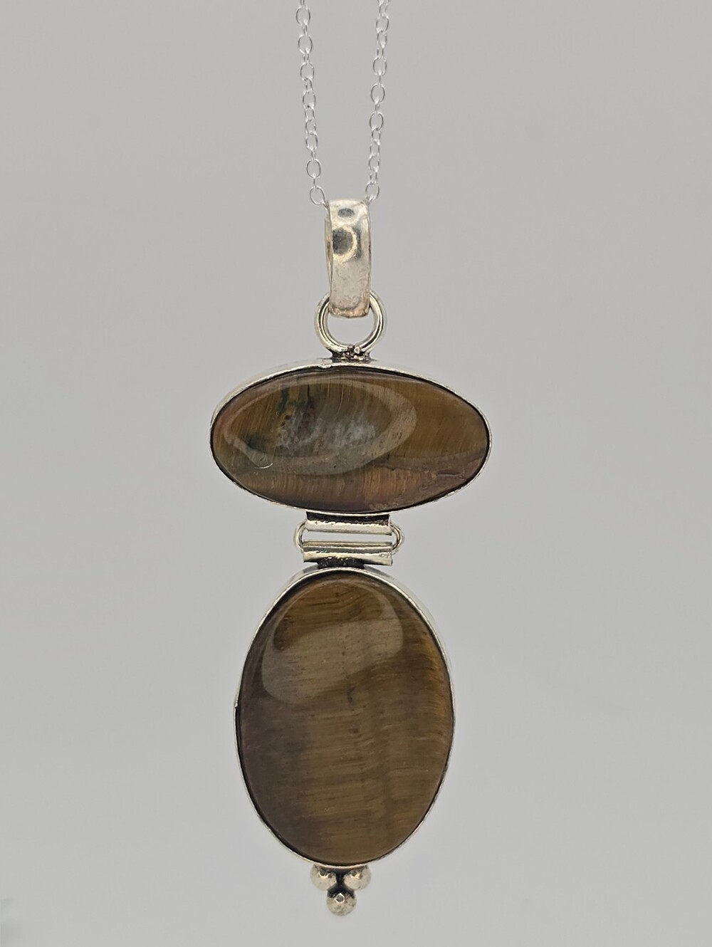 Brown Tiger's Eye Double Oval Pendant Necklace -sterling Silver Chain
